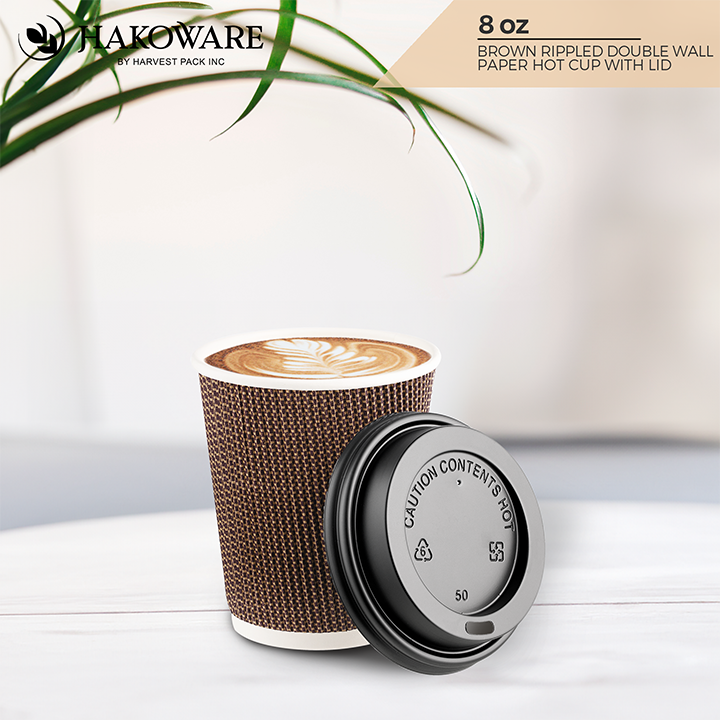 8 oz Black Rippled Double Wall Paper Cup with Lid Set — HAKOWARE